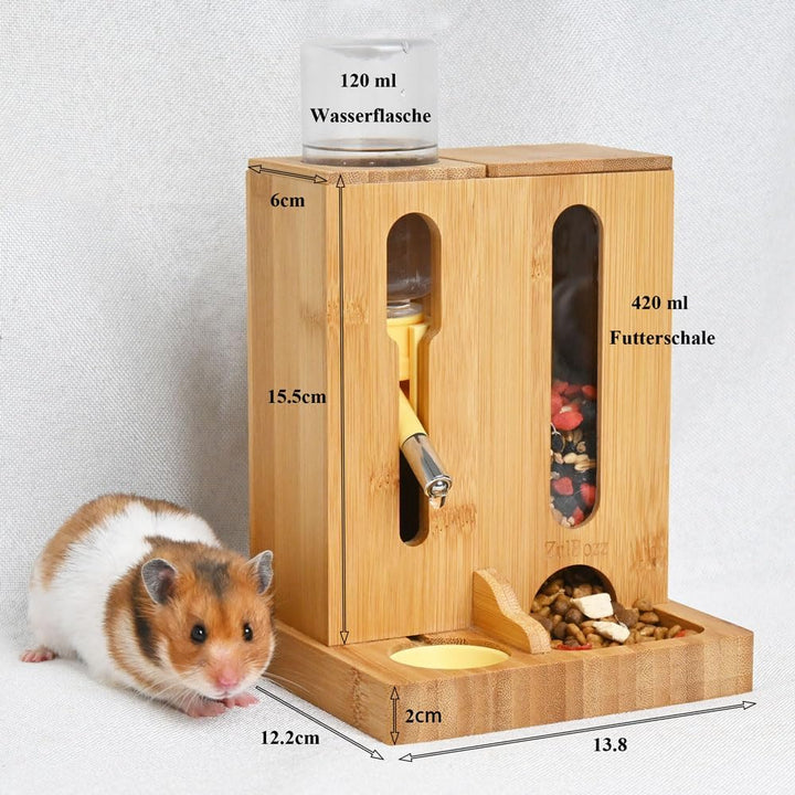 Verstellbare Hamster Futterstation aus Bambus, 2-in-1 Futternapfhalter mit Wasserflaschenständer, fü