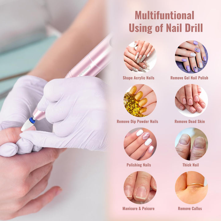 Denabuty Nagelfräser Kabellos, Elektrische Nagelfeile Professionelle 2 in 1 Fräser für Gelnägel Acry