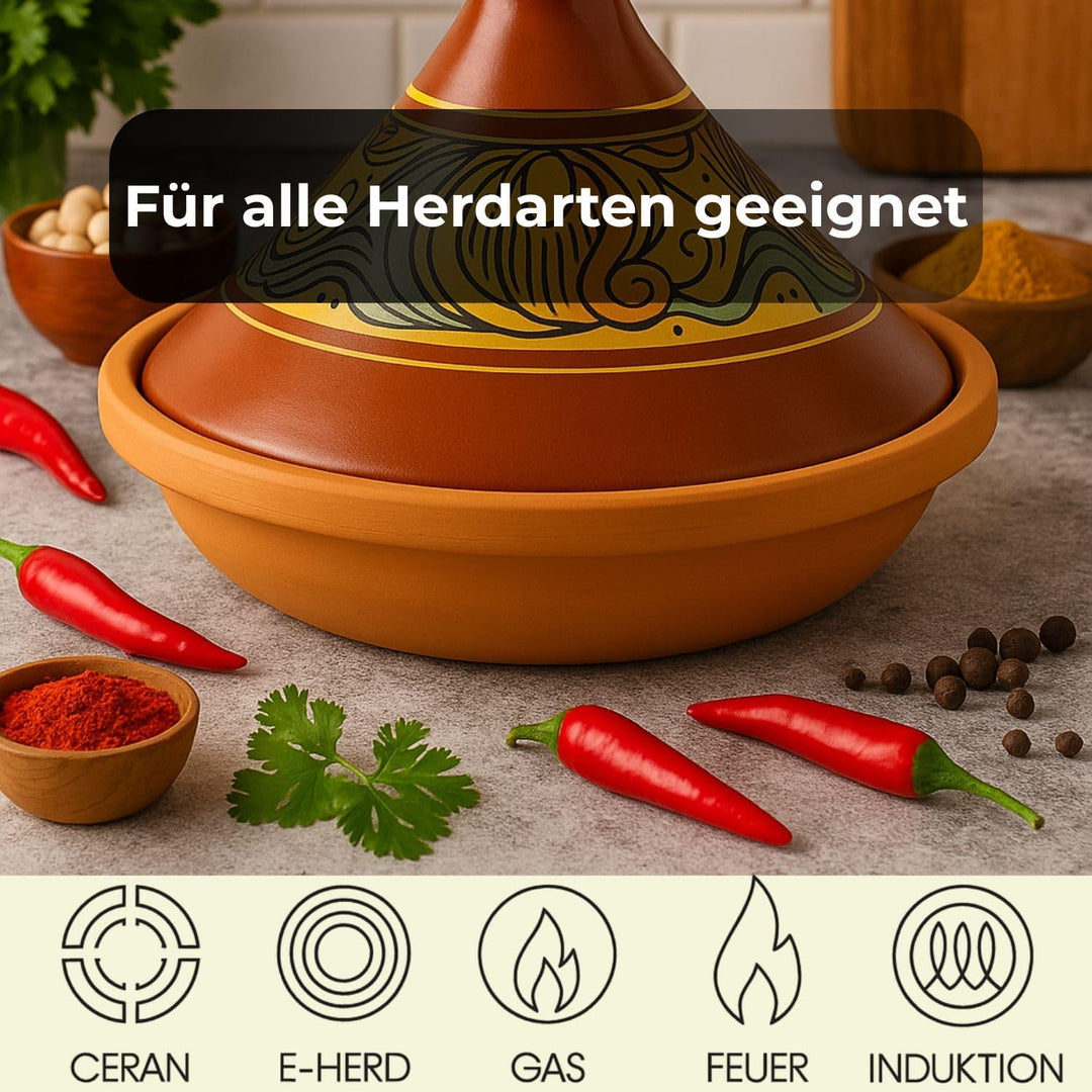 Marokkanische Tajine Topf zum Kochen | Schmortopf glasiert Chaouen Ø30cm 4-5 Personen | inklusive Re