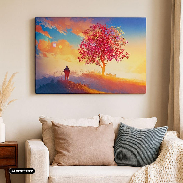 Bilder auf Leinwand 100x70cm Leinwandbild mit Rahmen Baum Wiese Feld Gross Wanddeko Bild Schlafzimme