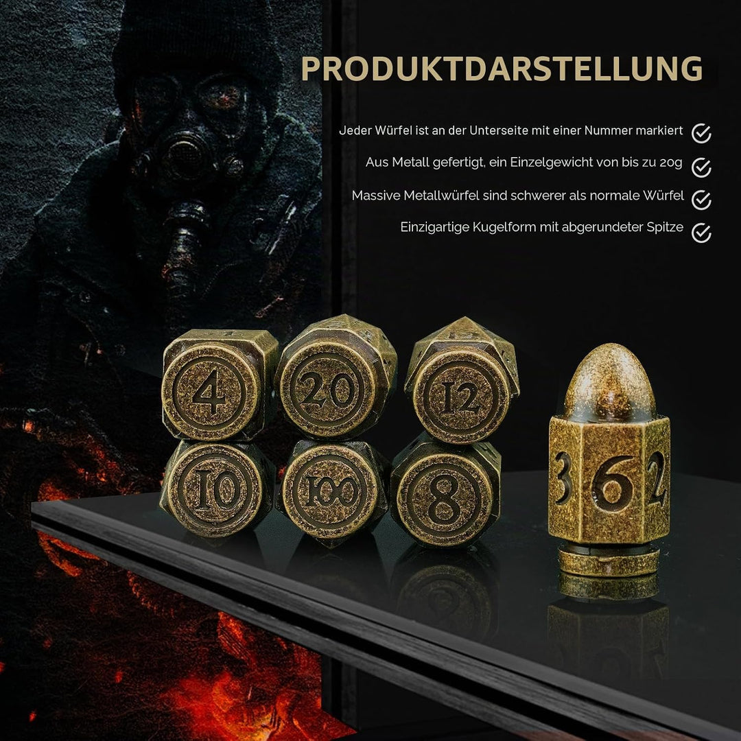D&D Würfel Set 7 Stück aus Metall, Polyedrische Würfel in Bullet Bronze, für D&D, Rollenspiel Würfel