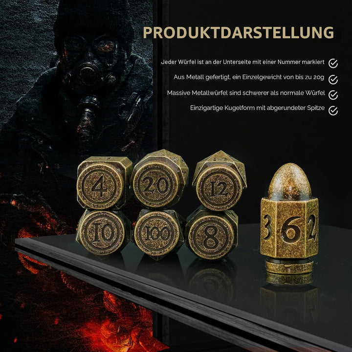 D&D Würfel Set 7 Stück aus Metall, Polyedrische Würfel in Bullet Bronze, für D&D, Rollenspiel Würfel
