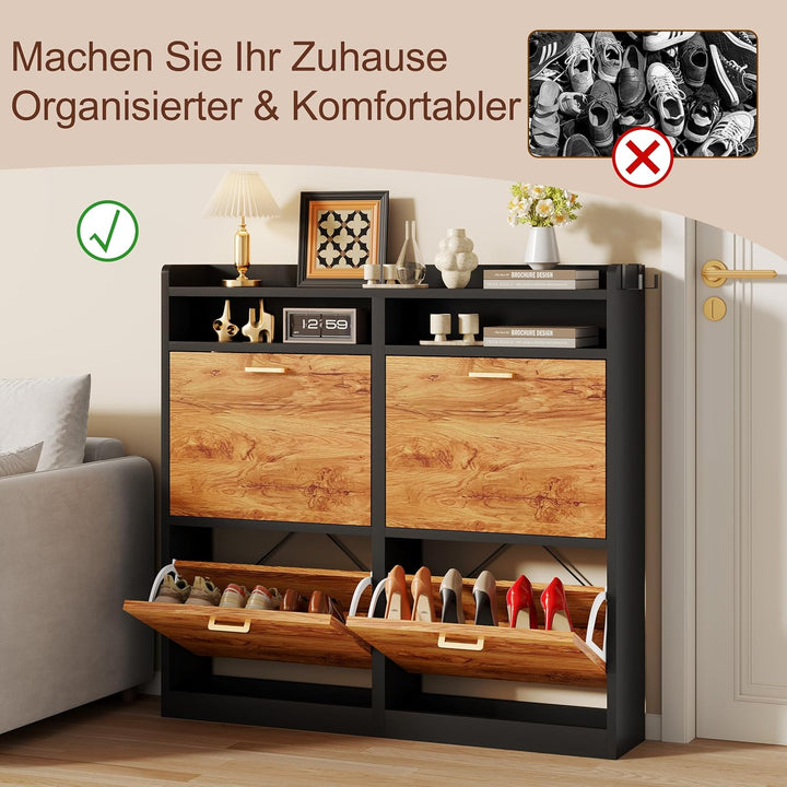 Schuhschrank mit 4 Klappen 20 cm Ultradünn,bis Grösse EU59 Passen, Schuhregal Schmaler aus Holz mit
