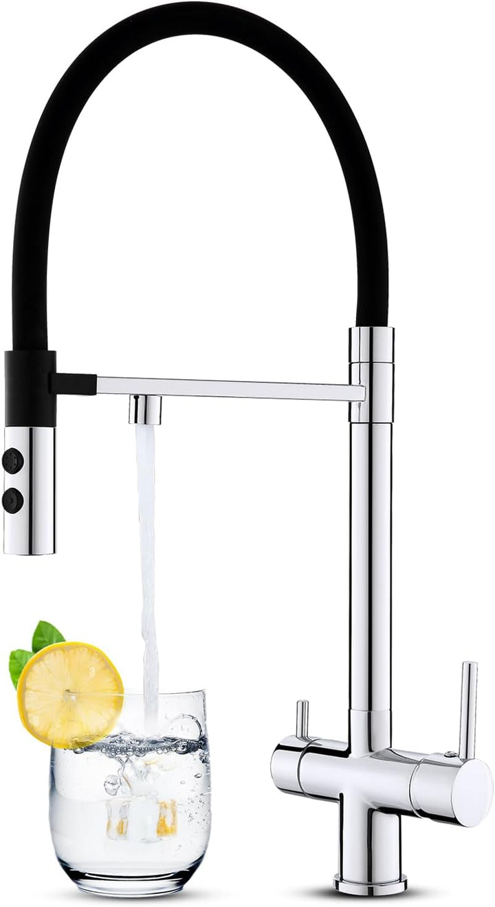 KEOKBON 3 Wege Wasserhahn, 360° Drehbar Küchenarmatur mit 2 Funktion Brause, 3 in 1 Mischbatterie Tr