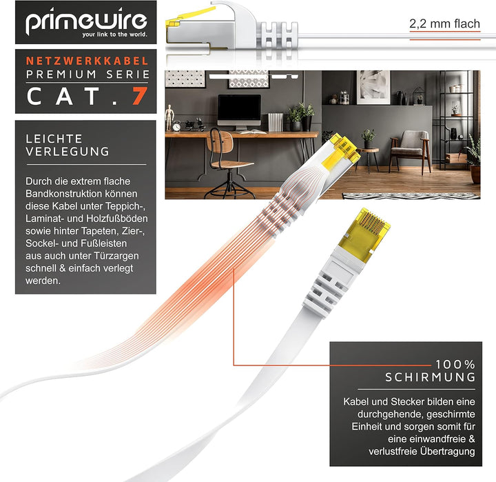 30m CAT 7 Netzwerkkabel Flach - Ethernet Kabel - Gigabit Lan 10 Gbit s - Patchkabel - Flachbandkabel