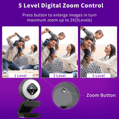 Angetube Streaming Webcam 1080P mit Ringlicht, HD-Webkamera mit Digitalzoom Autofokus für Computer P