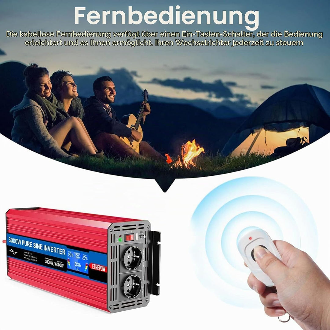 ETREPOW 3000w Spannungswandler 12v Auf 230v Reiner Sinus Wechselrichter mit 2 EU-Steckdose und Einer