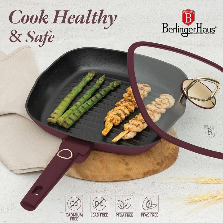Berlinger Haus Turbo-Induktion Grillpfanne mit Deckel 28cm 2,1 L TitanPro-Antihaftbeschichtung, bord