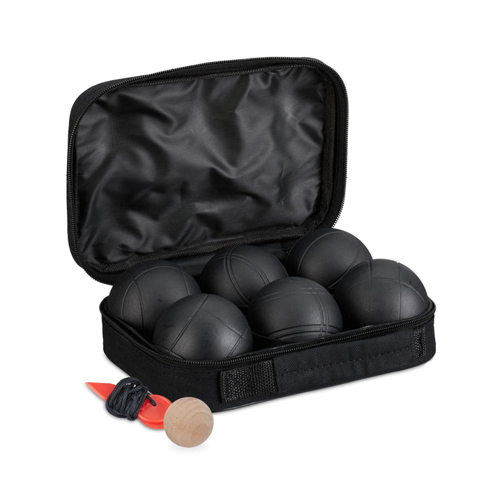 Relaxdays Boule Kugeln, 6 Metall-Kugeln, Set mit Zielkugel & Abstandsmesser, Tragetasche, Boccia Spi