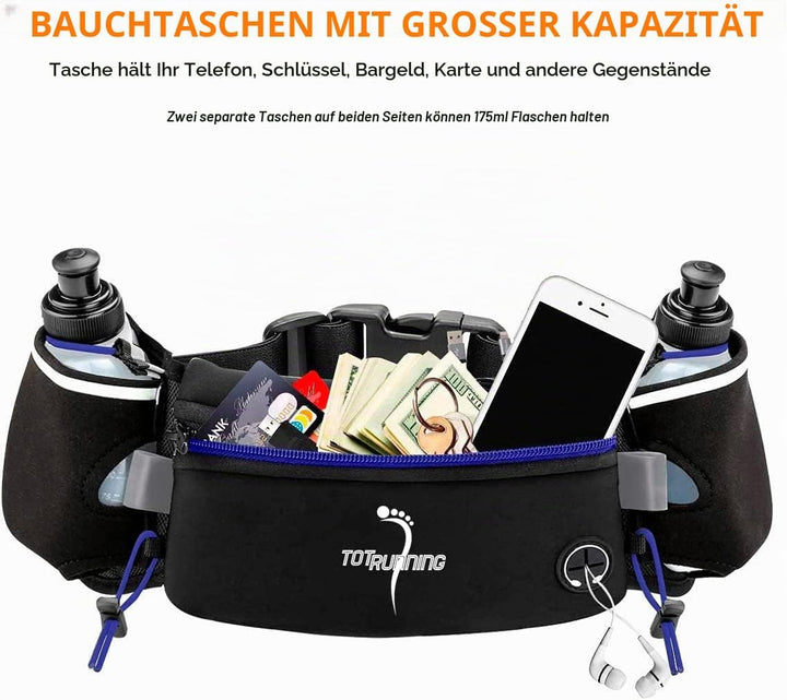 Verstellbarer Laufgürtel mit Reissverschlusstasche, 2 Trinkflaschen, 2 Mehrzweck-Gummibänder und Trä