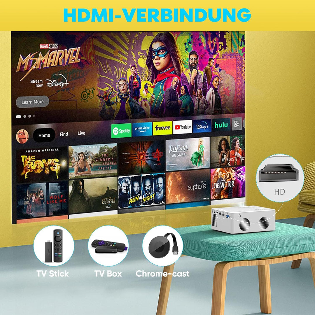 PURSHE Mini Beamer, Mini Bluetooth Projektor Full HD 1080P Tragbarer Outdoor Filmprojektor für iOS,