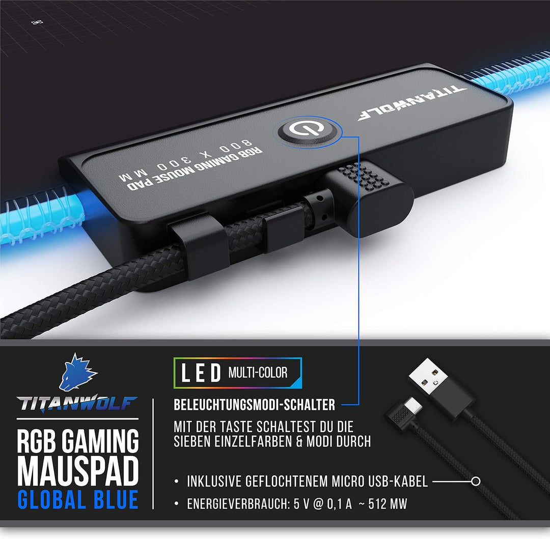 Titanwolf - RGB Gaming Mauspad - 800x300 mm - XXL Mousepad - LED Multi Color - 7 LED Farben Plus 4 E
