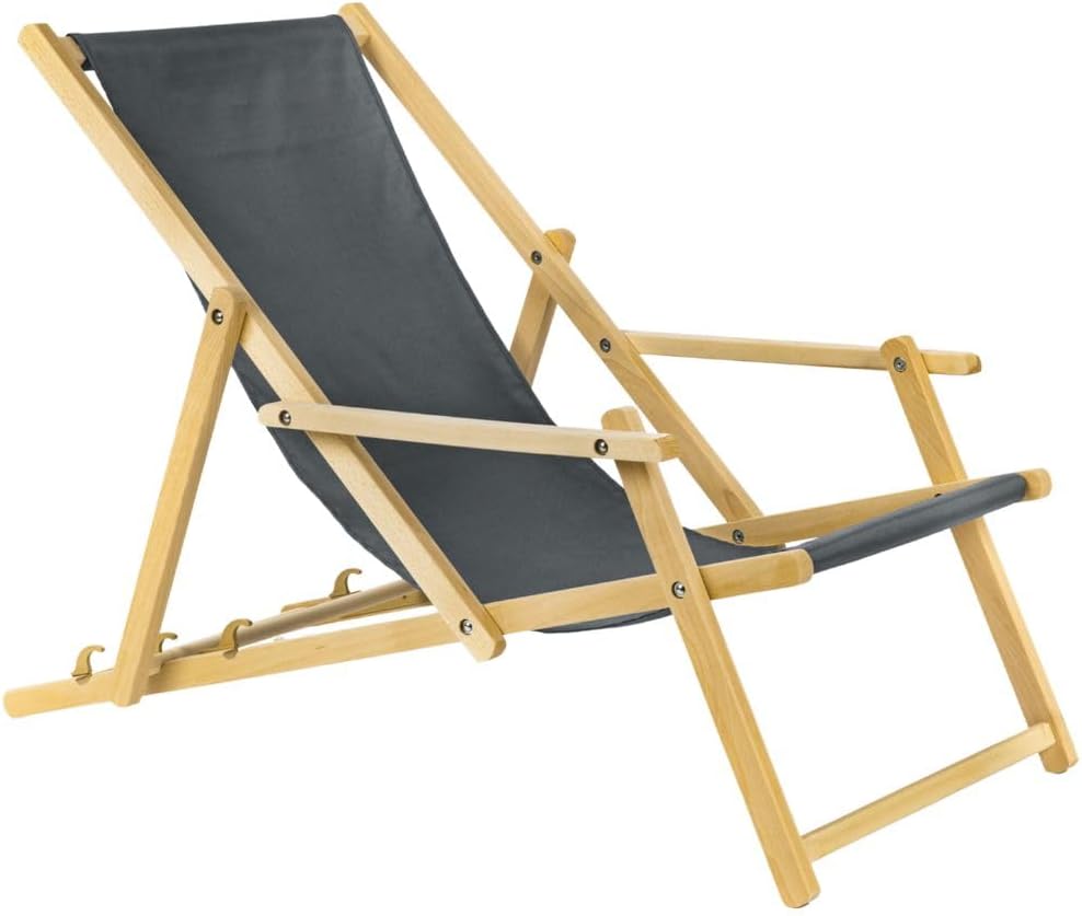 Holz Sonnenliege Strandliege Liegestuhl aus Holz 3 Stufen Klappbare Gartenliege mit Armauflagen grau