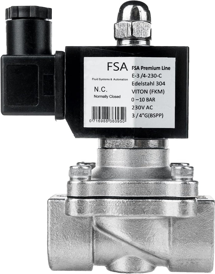 FSA Magnetventil Edelstahl 3/4" 230V AC 0-10 bar Viton stromlos geschlossen, 3/4" 230v Ac
