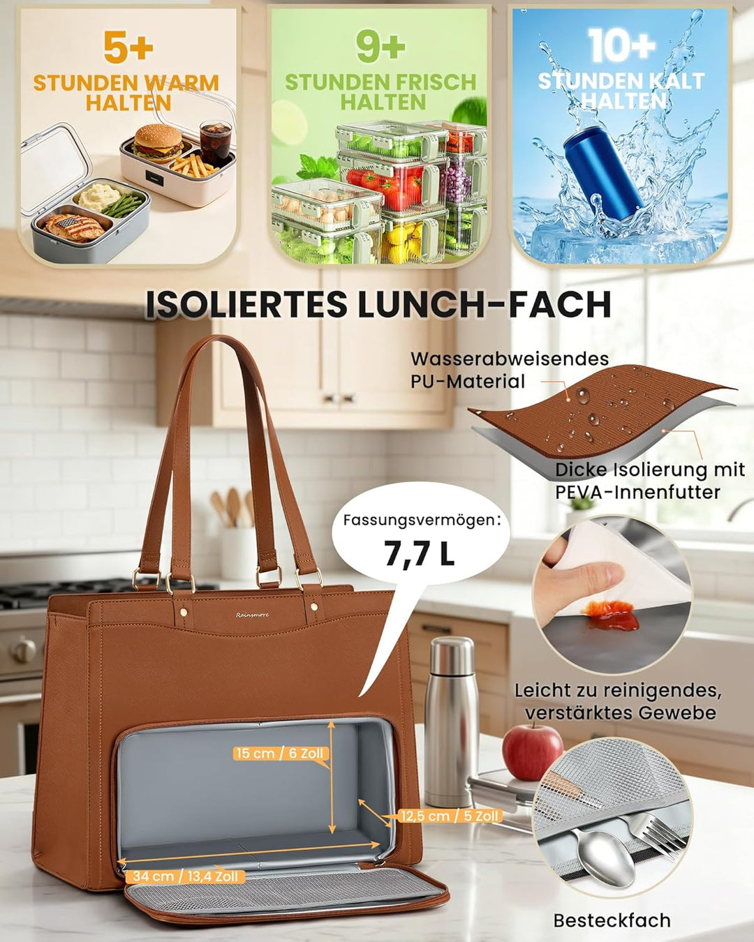 RAINSMORE Lehrertasche Damen mit Kühlfach 15,6 Zoll Laptoptasche Arbeitstasche Damen Gross PU Leder