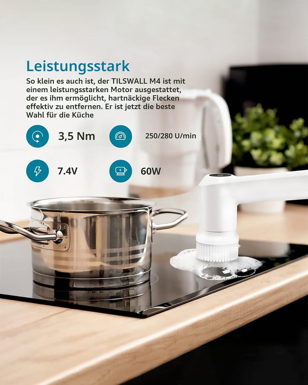 TILSWALL M4 Elektrische Reinigungsbürste mit LED-Anzeige, 60 W 7,4 V wiederaufladbare kabellose elek