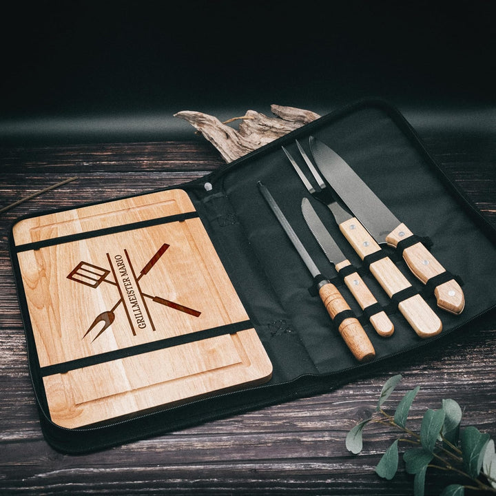 Grillset mit Messer im Messerset, Grillen Geschenk, Grill Accessories, Grillbrett, Geschenke für Män