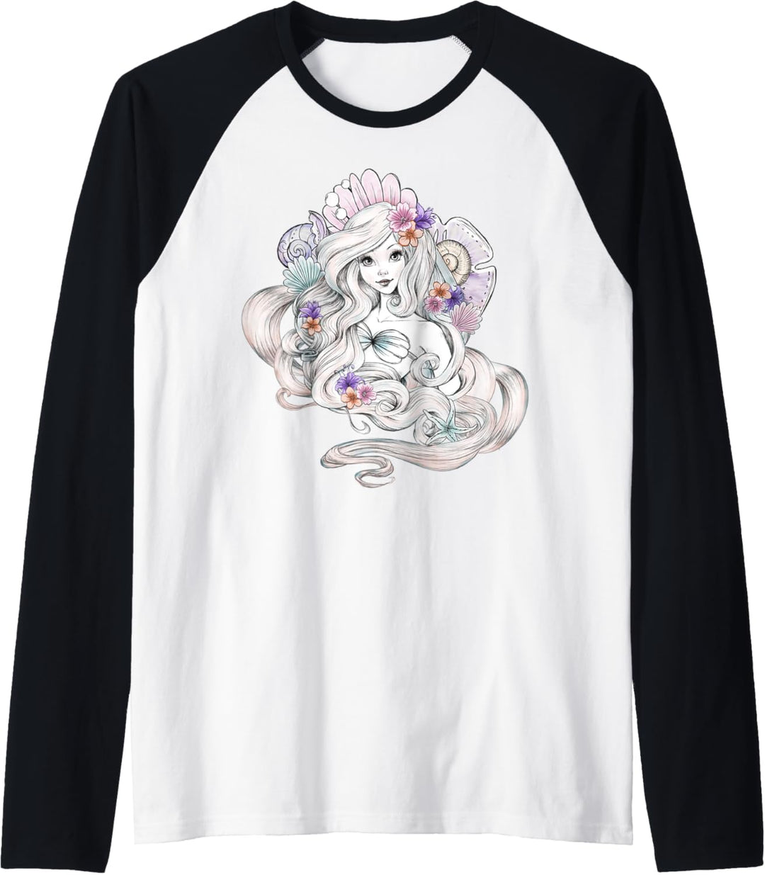 Disney Little Mermaid Ariel Watercolor Floral Shell Raglan