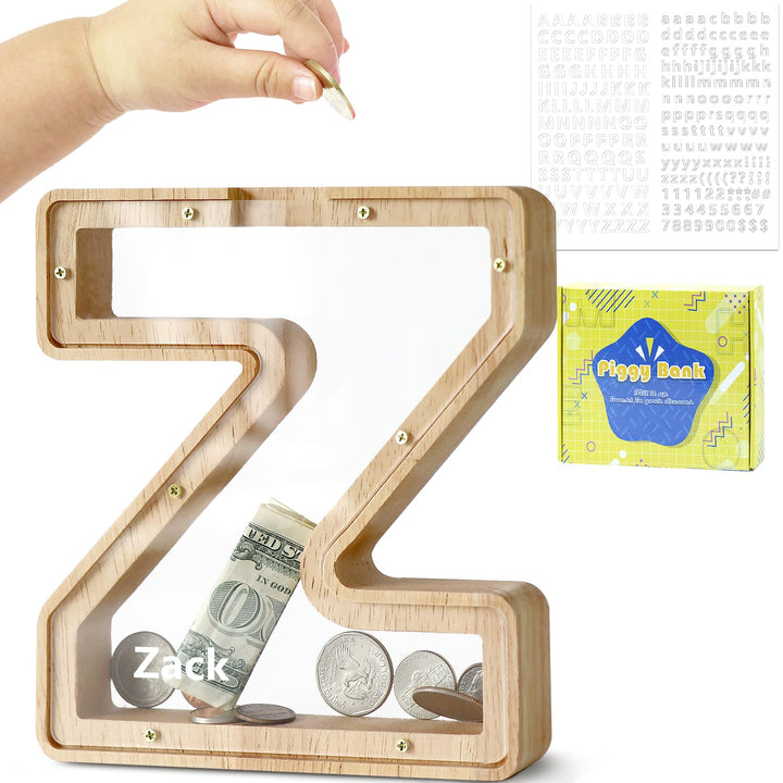 DBPBToU Spardose aus Holz Buchstaben, Sparschwein Durchsichtig für Kinder, Sparbox Personalisierte,