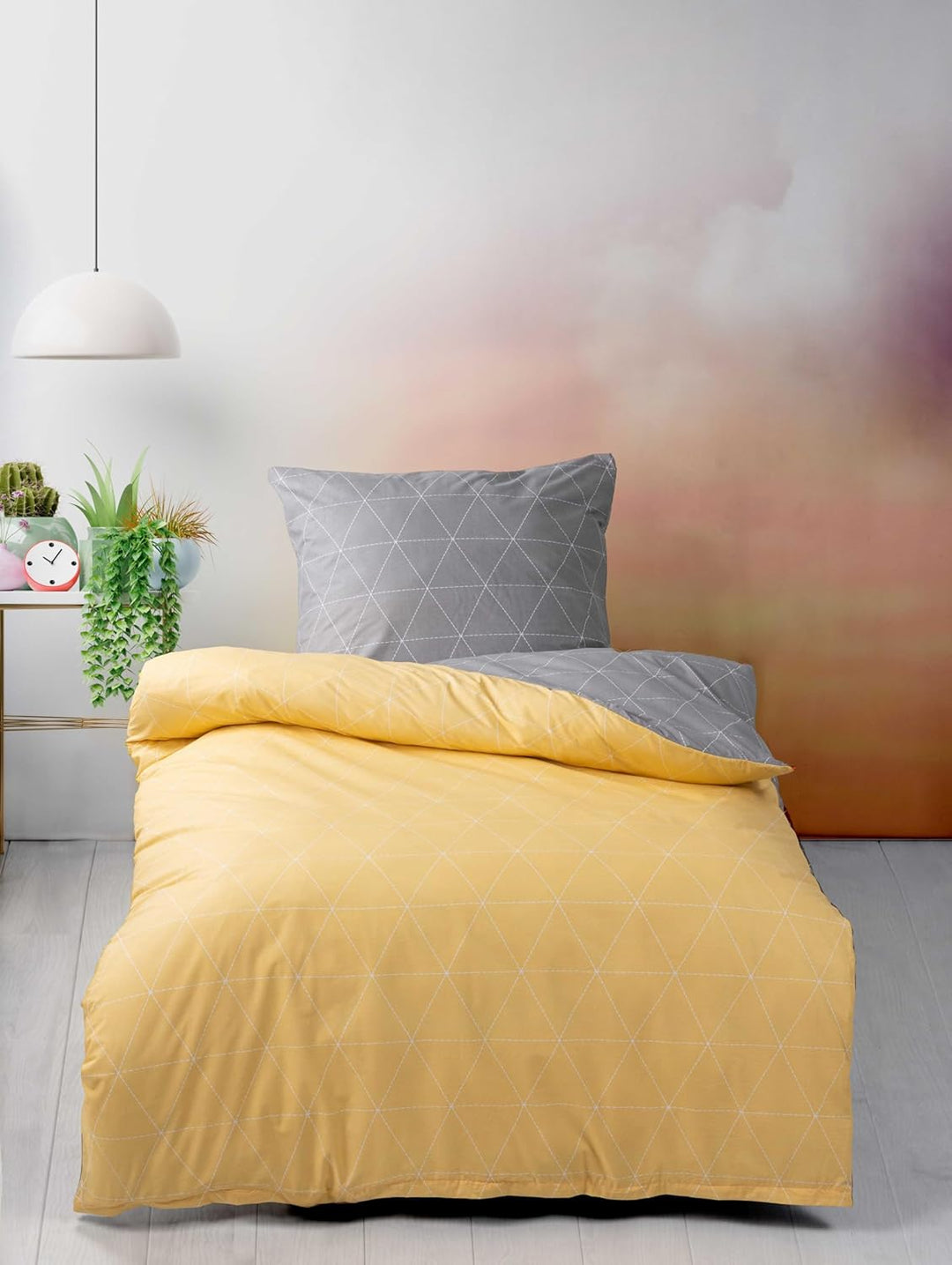 Visaggio Renforce Bettwäsche 240x220 cm Baumwolle Raute Grau Gelb Wendebettwäsche Garnitur Bezug Set