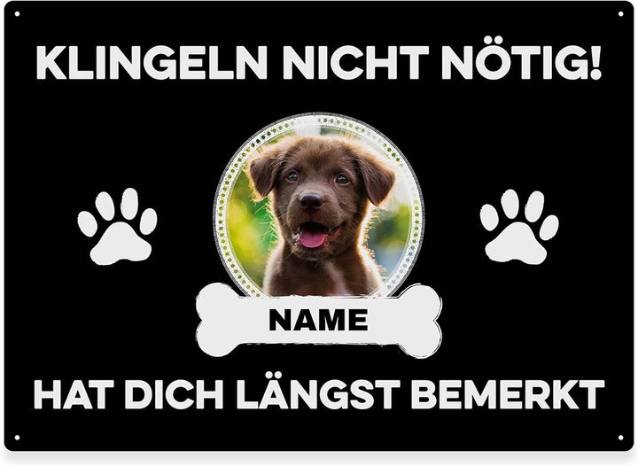Hunde Schild personalisiert - Klingeln nicht nötig - Metallschild mit Foto und Name für aussen, wett