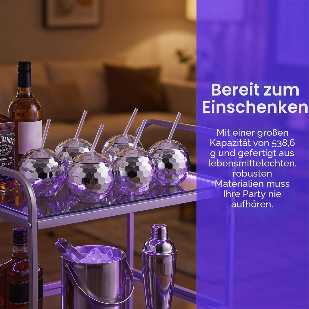 Nicunom 6 Stück 540 ml Discokugelbecher mit Deckel und Trinkhalmen Wiederverwendbar, silberfarben, D