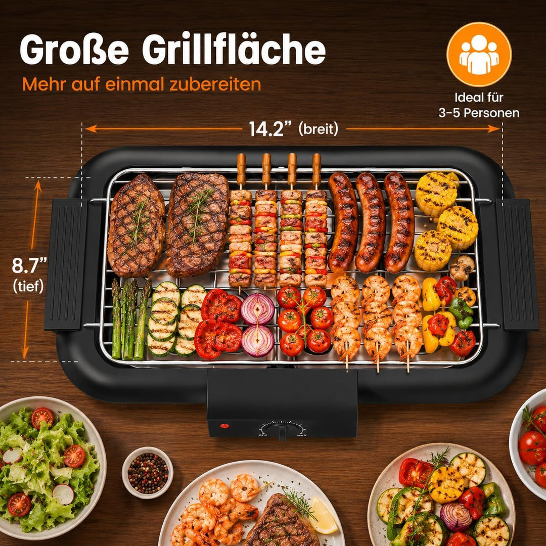 Elektrogrill Tischgrill 2000W Rauchfrei Kompakt Balkon Küche Schwarz | 2000W Schnelles Aufheizen, Vo