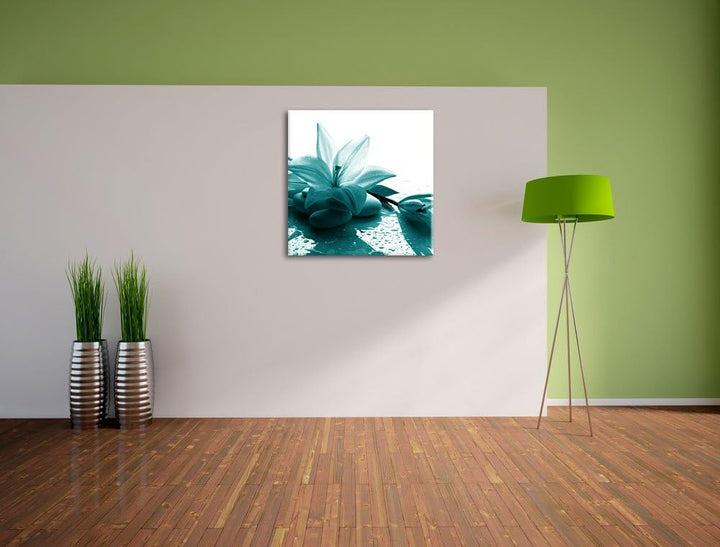 Pixxprint Düstere Lilie mit Zen Steinen, Format: 70x70 auf Leinwand, 70x70