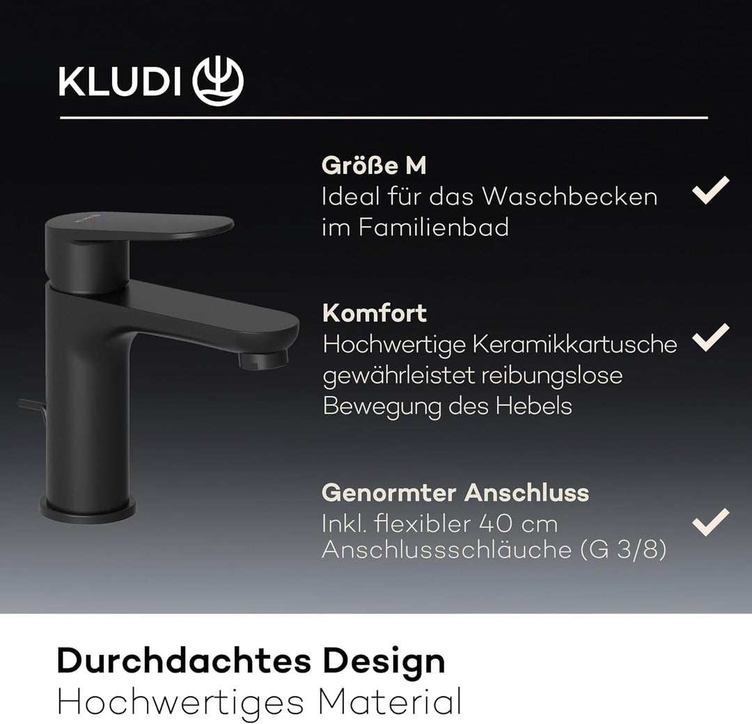 KLUDI-X1 Waschtischarmatur mit Zugstangen-Ablauf, Auslaufhöhe 95 mm, wassersparender Wasserhahn Bad