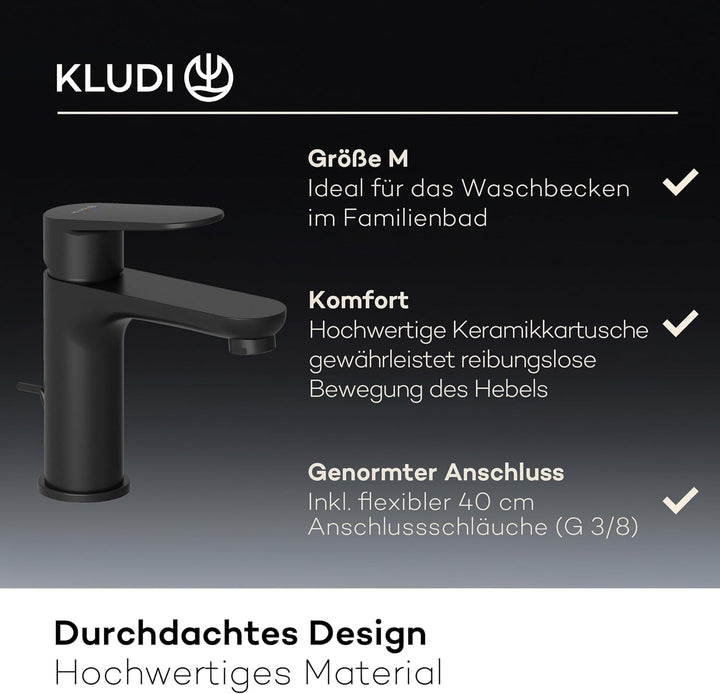 KLUDI-X1 Waschtischarmatur mit Zugstangen-Ablauf, Auslaufhöhe 95 mm, wassersparender Wasserhahn Bad