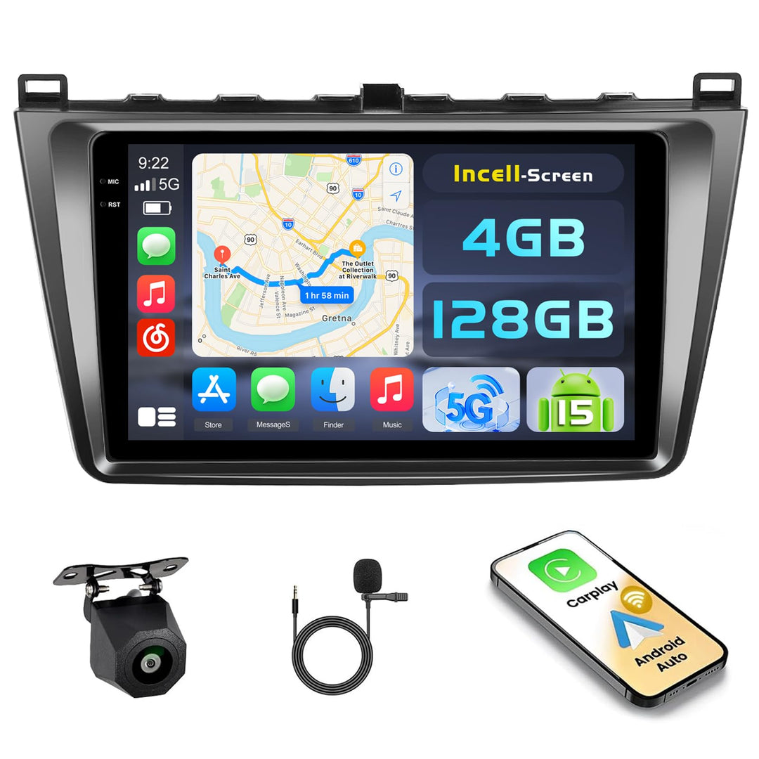 Hikity Android 15 4+128G Autoradio für Mazda 6 2007-2012 mit 9 Zoll Incell Touchscreen, Autoradio 2D