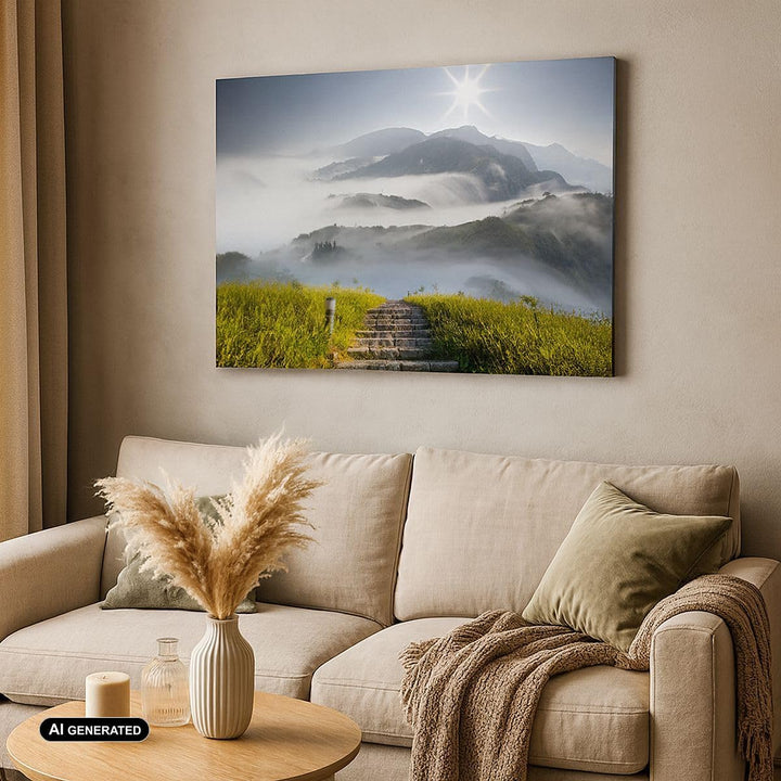 Bilder auf Leinwand 100x70cm Leinwandbild Berg Nebel Landschaft Morgen Gross Wanddeko Bild Schlafzim