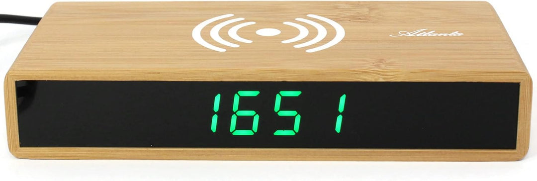 Atlanta Quarz-Wecker LED Anzeige mit Wireless Charging Induktiv Ladefunktion Bambus Gehäuse - 2603