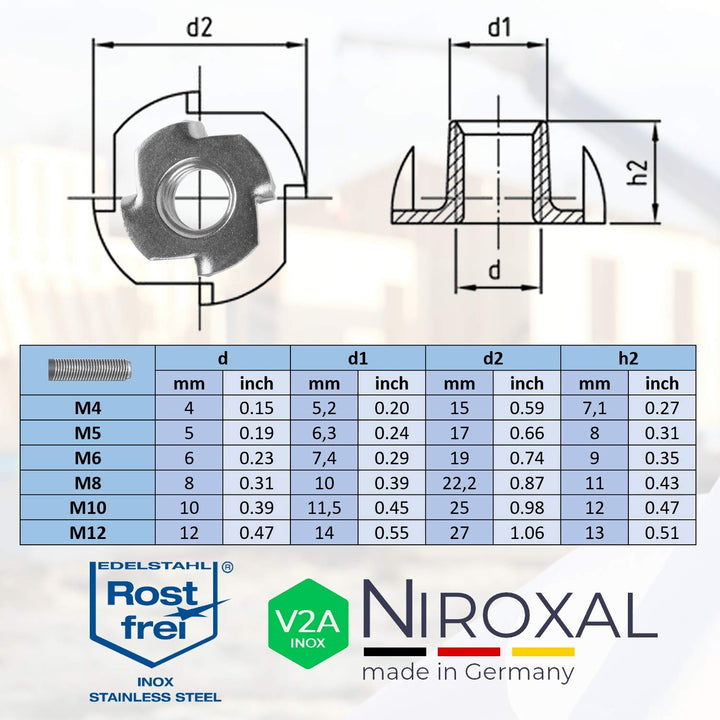 Einschlagmuttern M10 Edelstahl 100 Stück Einschlagmutter V2A mit 4 Einschlagspitzen metrischem Gewin