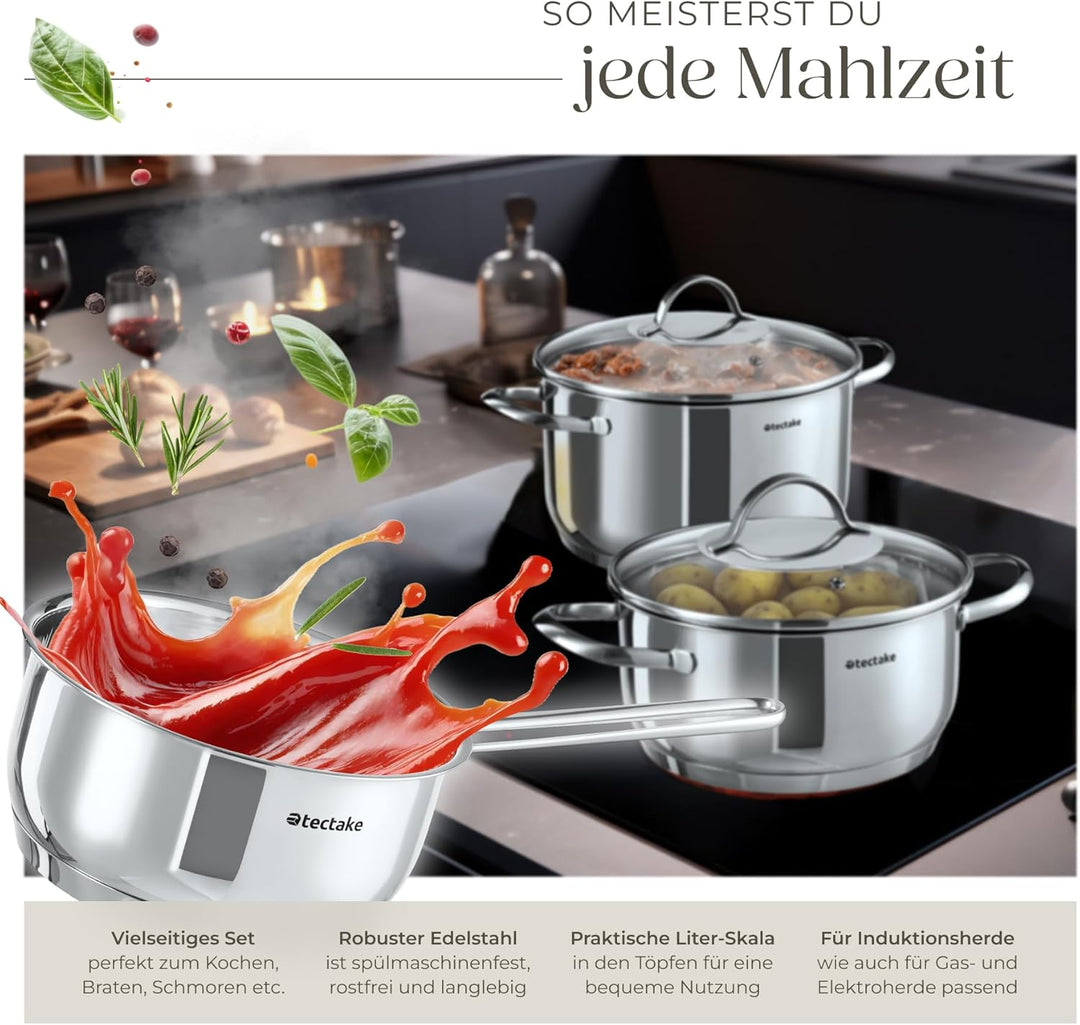 tectake® 7-tlg. Topfset, Edelstahl Kochgeschirr, Töpfe Set mit Deckel, Kochtopf Set für Induktionsko