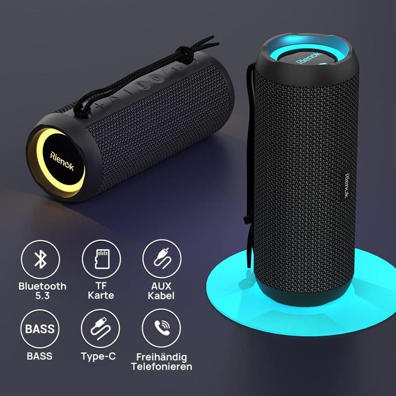 RIENOK Bluetooth Lautsprecher mit Licht Bluetooth 5.3 Musikbox Bass Kabellos Box mit IPX7 wasserdich