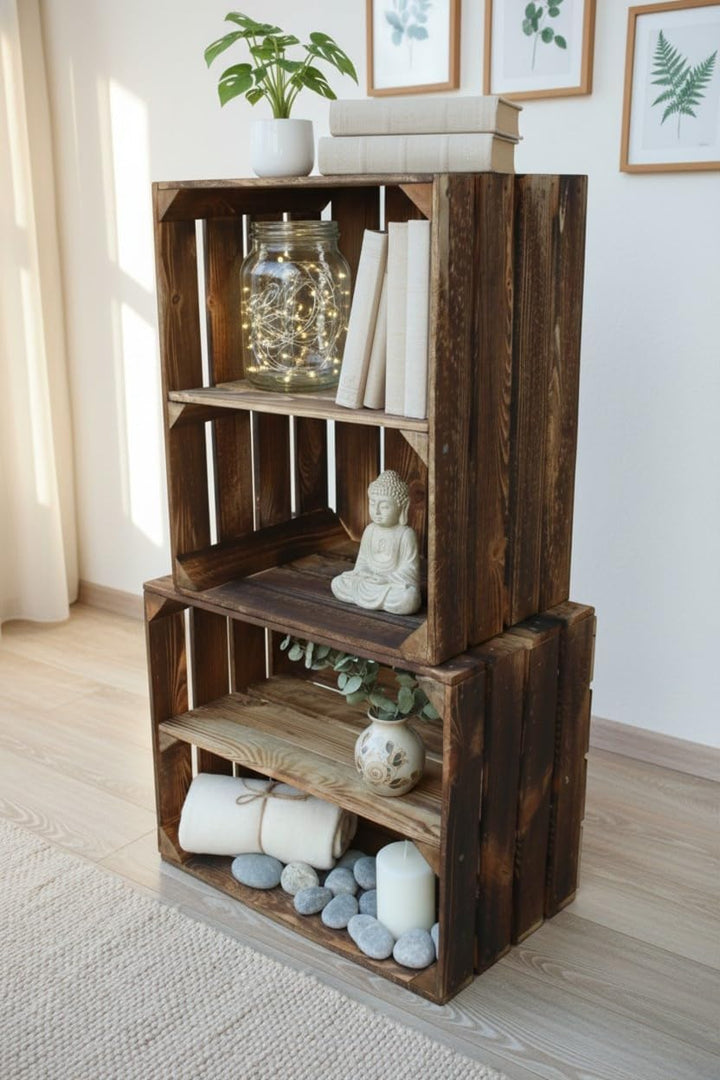 Teramico Holzkisten Obstkisten Weinkisten geflammt dunkel 50 x 40 x 30cm in tollen Set-Angeboten als