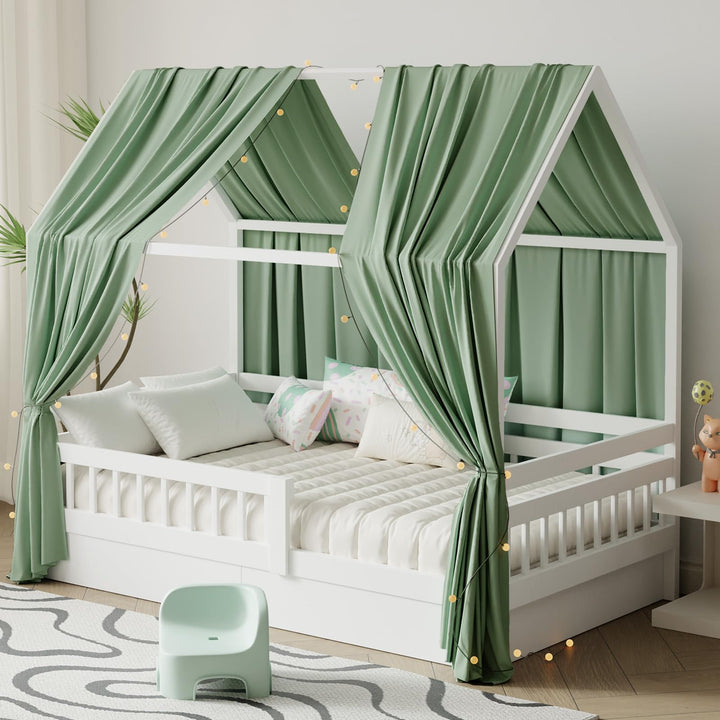 Hausbett Himmel mit Lichterkette 2 Stück Deko Baldachin Hausbett Vorhang,Betthimmel Musselin Stoffhi