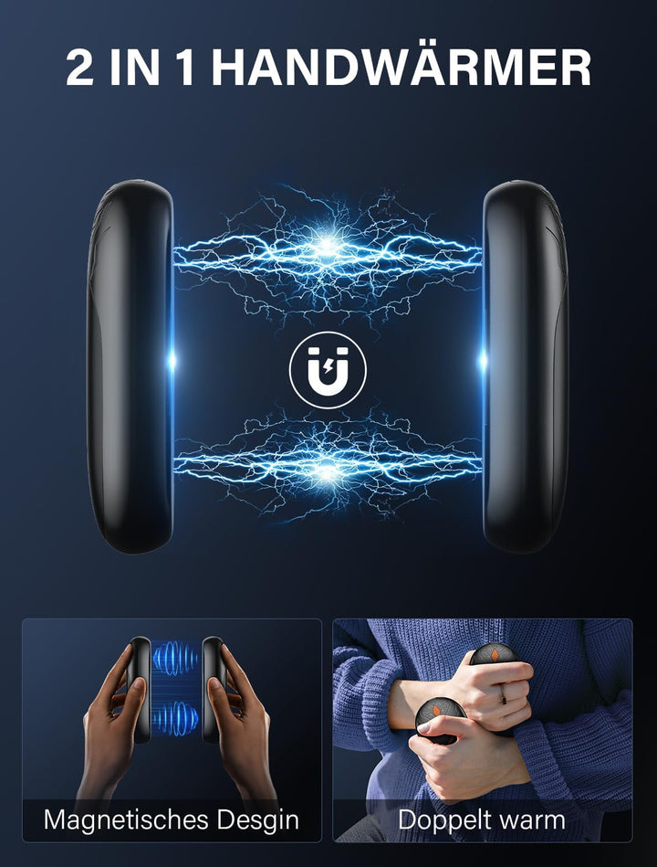 Handwärmer Elektrisch 2 Pack, Ultraleicht Taschenwärmer Wiederaufladbar, Tragbare Heizung 8000mAh, 3