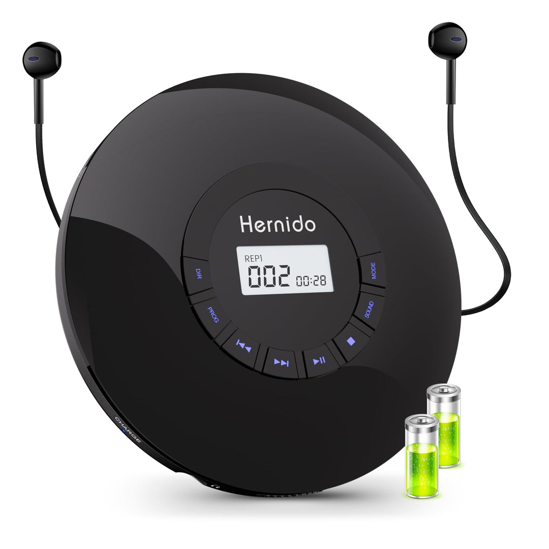 Hernido Tragbarer CD-Player mit Kopfhörer, CD-Player mit wiederaufladbarem Akku, Kompakter CD-Walkma