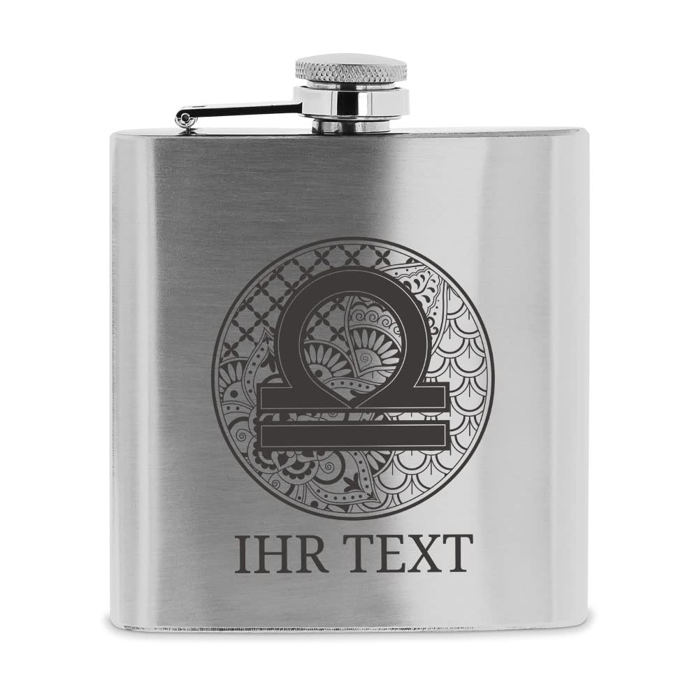 personalisierbarer Flachmann aus Edelstahl mit Name – Sternzeichen Waage Zentangle – Taschenflasche