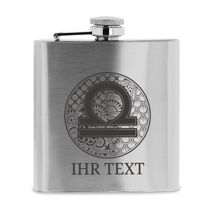 personalisierbarer Flachmann aus Edelstahl mit Name – Sternzeichen Waage Zentangle – Taschenflasche