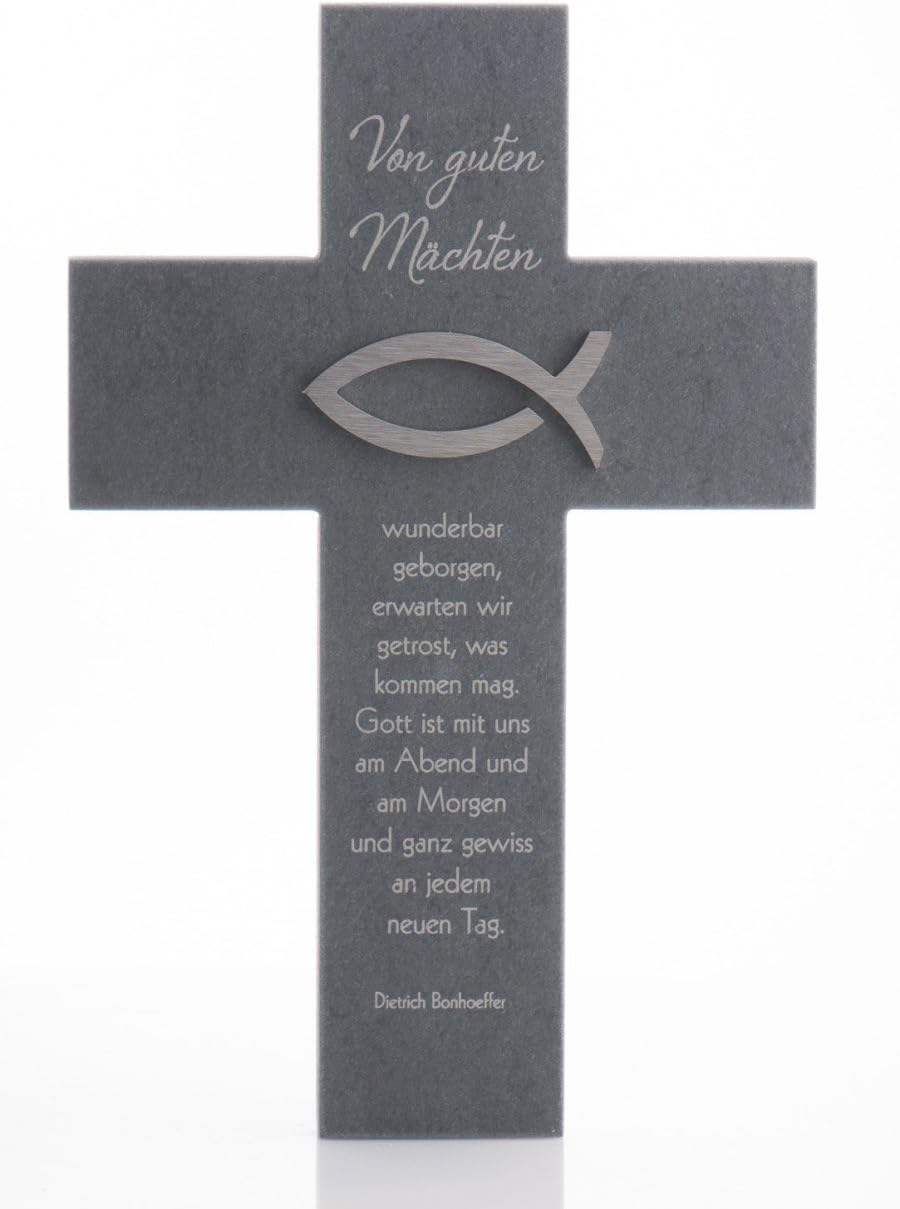 Schieferkreuz - Von guten Mächten & Edelstahl-Fisch