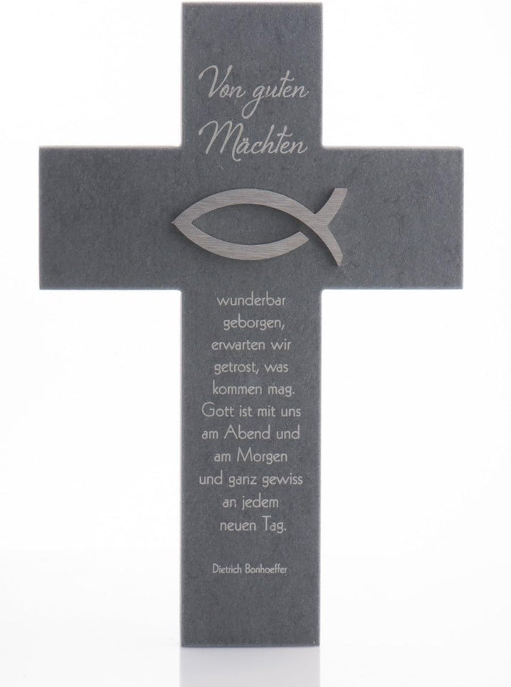 Schieferkreuz - Von guten Mächten & Edelstahl-Fisch