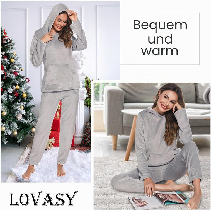 Lovasy Fleece Schlafanzug Damen Winter Lang Pyjama Set Warmer Flauschiger Frottee Schlafanzüge für D