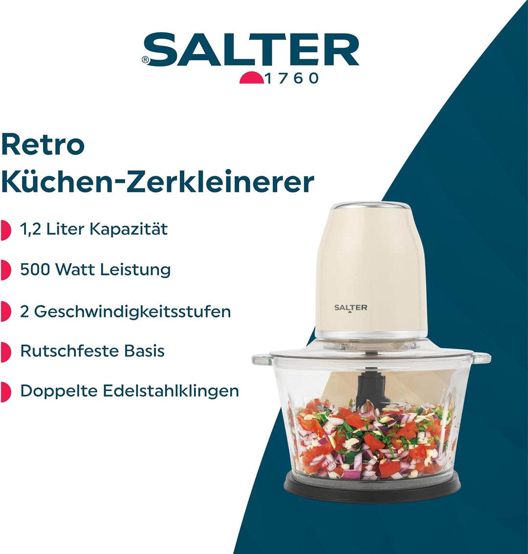 Salter Retro Cream Food Chopper - Elektrisch 1,2 Liter, 2 Geschwindigkeitsstufen, Doppelte Edelstahl