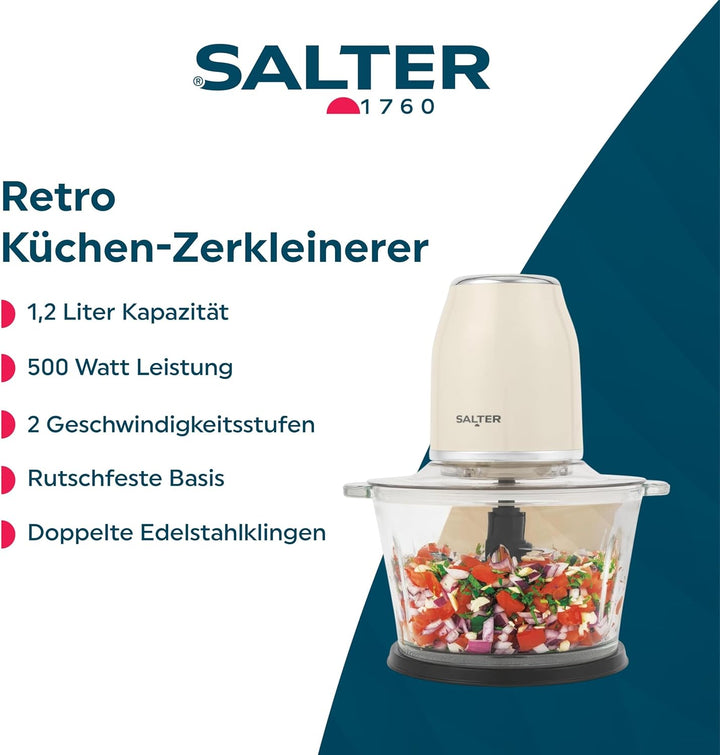 Salter Retro Cream Food Chopper - Elektrisch 1,2 Liter, 2 Geschwindigkeitsstufen, Doppelte Edelstahl