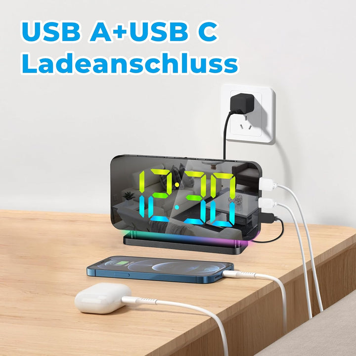 SZELAM Wecker Digital, Nachttisch,7,4" Spiegeluhr mit 10 Modi RGB-Nachtlicht,11 Farben LED Digitalan