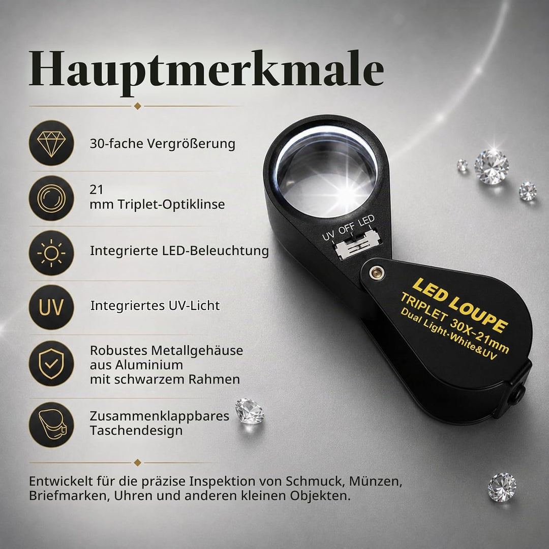 30-fache Vergrösserung Schmuckedelupe mit UV &amp; 6 LED-Juwelierstempel und Münzsammler, 30-fache Vergr