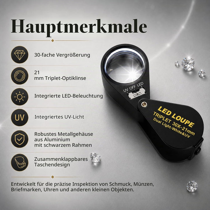 30-fache Vergrösserung Schmuckedelupe mit UV &amp; 6 LED-Juwelierstempel und Münzsammler, 30-fache Vergr